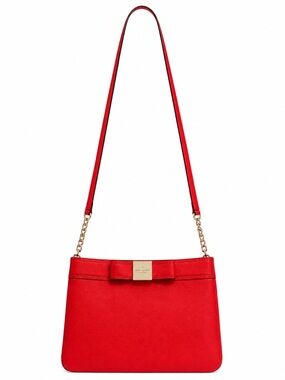 Kate Spade Poppy Red Leather Shoulder Messenger Crossbody Bag Bow Gold Chain